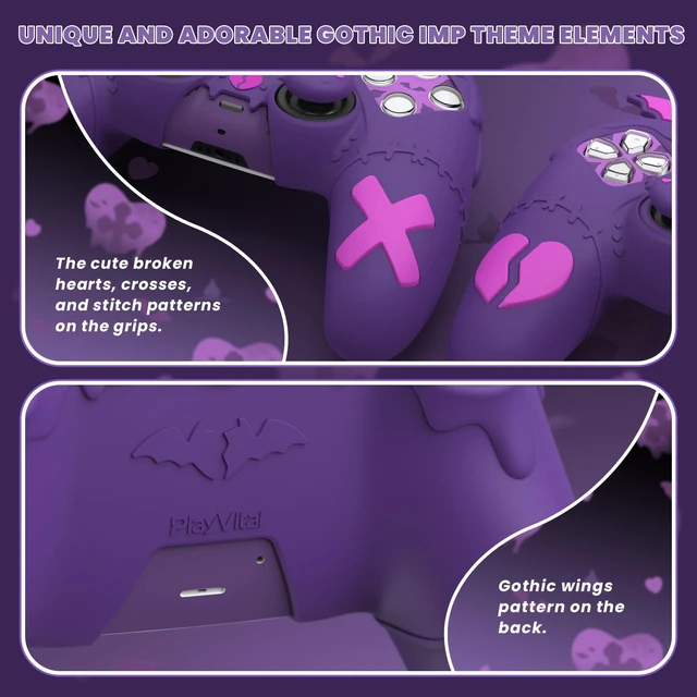Alt view image 5 of 7 - PlayVital Gothic Imp Series Cute Silicone Case for ps5 Controller with 4 Thumb Grips and 6 Stickers, Anti-Slip Silicone Skin Cover, Compatible with ps5 Charging Station, Purple