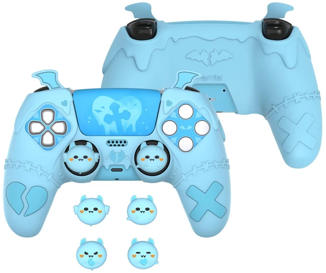 Main image of PlayVital Gothic Imp Series Cute Silicone Case for ps5 Controller with 4 Thumb Grips and 6 Stickers, Anti-Slip Silicone Skin Cover, Compatible with ps5 Charging Station, Aqua Blue
