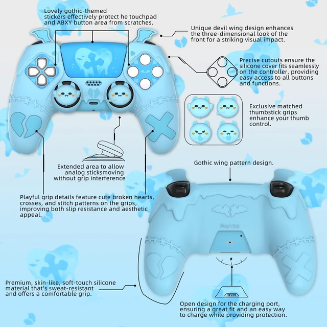 Alt view image 2 of 7 - PlayVital Gothic Imp Series Cute Silicone Case for ps5 Controller with 4 Thumb Grips and 6 Stickers, Anti-Slip Silicone Skin Cover, Compatible with ps5 Charging Station, Aqua Blue