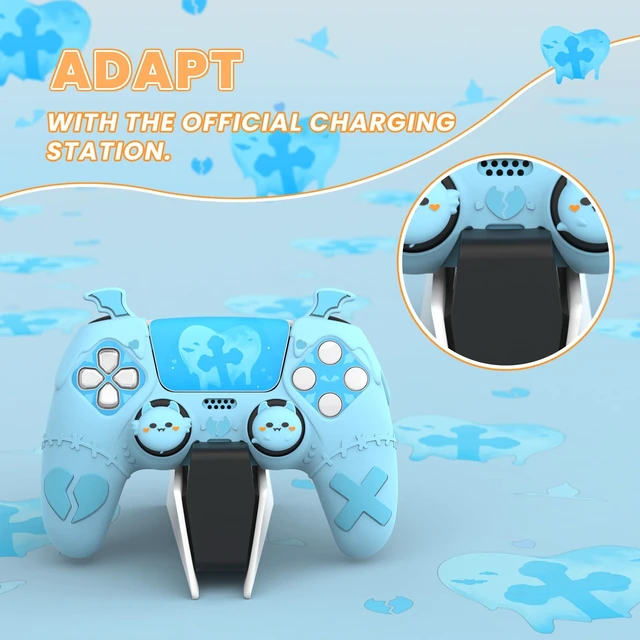 Alt view image 3 of 7 - PlayVital Gothic Imp Series Cute Silicone Case for ps5 Controller with 4 Thumb Grips and 6 Stickers, Anti-Slip Silicone Skin Cover, Compatible with ps5 Charging Station, Aqua Blue