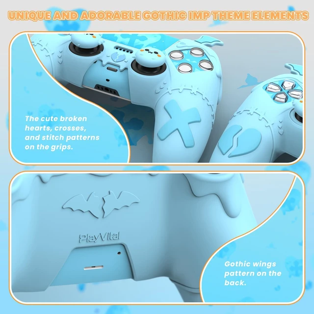 Alt view image 5 of 7 - PlayVital Gothic Imp Series Cute Silicone Case for ps5 Controller with 4 Thumb Grips and 6 Stickers, Anti-Slip Silicone Skin Cover, Compatible with ps5 Charging Station, Aqua Blue