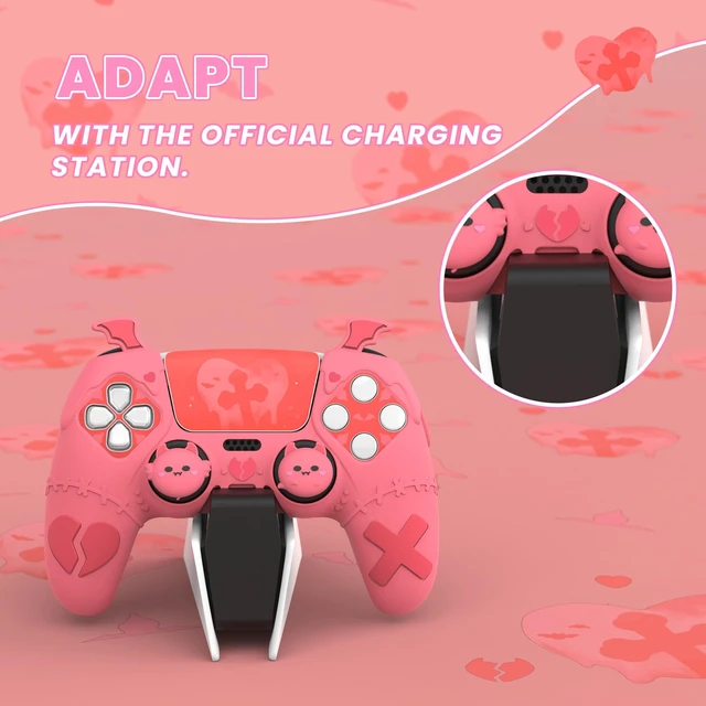 Alt view image 3 of 7 - PlayVital Gothic Imp Series Cute Silicone Case for ps5 Controller with 4 Thumb Grips and 6 Stickers, Anti-Slip Silicone Skin Cover, Compatible with ps5 Charging Station, Peach Pink