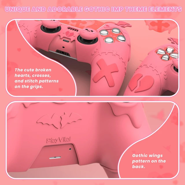 Alt view image 5 of 7 - PlayVital Gothic Imp Series Cute Silicone Case for ps5 Controller with 4 Thumb Grips and 6 Stickers, Anti-Slip Silicone Skin Cover, Compatible with ps5 Charging Station, Peach Pink