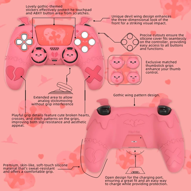 Alt view image 2 of 7 - PlayVital Gothic Imp Series Cute Silicone Case for ps5 Controller with 4 Thumb Grips and 6 Stickers, Anti-Slip Silicone Skin Cover, Compatible with ps5 Charging Station, Peach Pink