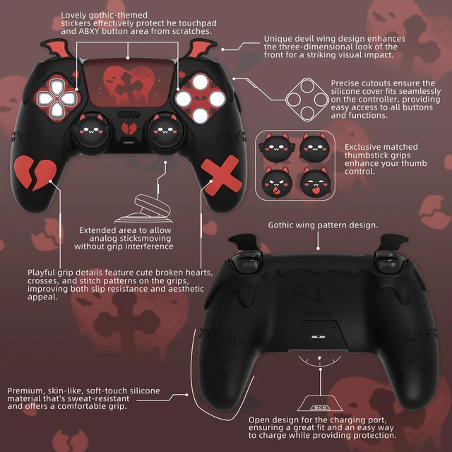 Alt view image 2 of 7 - PlayVital Gothic Imp Series Cute Silicone Case for ps5 Controller with 4 Thumb Grips and 6 Stickers, Anti-Slip Silicone Skin Cover, Compatible with ps5 Charging Station, Black