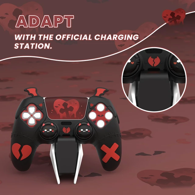 Alt view image 3 of 7 - PlayVital Gothic Imp Series Cute Silicone Case for ps5 Controller with 4 Thumb Grips and 6 Stickers, Anti-Slip Silicone Skin Cover, Compatible with ps5 Charging Station, Black