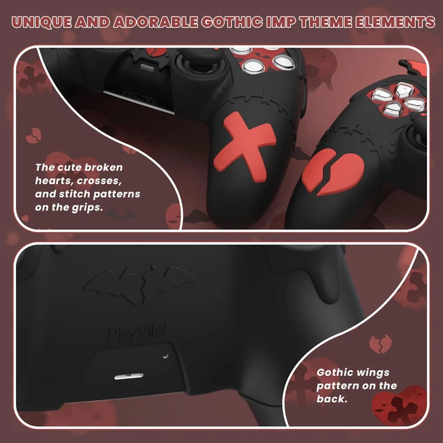 Alt view image 5 of 7 - PlayVital Gothic Imp Series Cute Silicone Case for ps5 Controller with 4 Thumb Grips and 6 Stickers, Anti-Slip Silicone Skin Cover, Compatible with ps5 Charging Station, Black