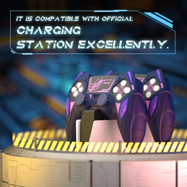 Alt view image 5 of 7 - PlayVital Silicone Skin Set for PS5 Controller - Mecha Rhino Design, Anti-Slip Grip Cover Protector Compatible with Charging Dock, with Thumb Grips & Touchpad Sticker - Midnight Blue Purple