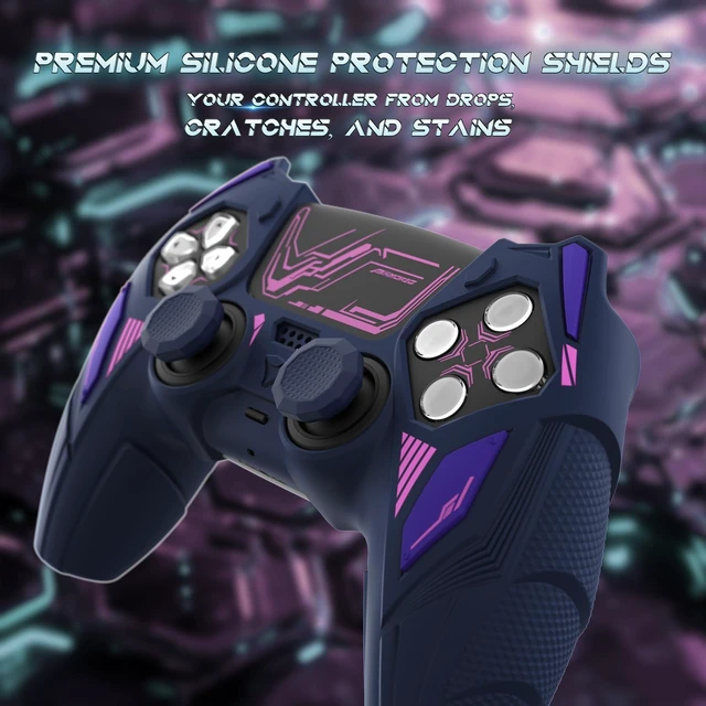 Alt view image 6 of 7 - PlayVital Silicone Skin Set for PS5 Controller - Mecha Rhino Design, Anti-Slip Grip Cover Protector Compatible with Charging Dock, with Thumb Grips & Touchpad Sticker - Midnight Blue Purple