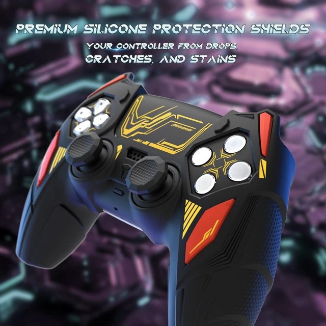 Alt view image 6 of 7 - PlayVital Silicone Skin Set for PS5 Controller - Mecha Rhino Design, Anti-Slip Grip Cover Protector Compatible with Charging Dock, with Thumb Grips & Touchpad Sticker - Black & Caution Red