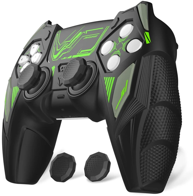 Main image of PlayVital Silicone Skin Set for PS5 Controller - Mecha Rhino Design, Anti-Slip Grip Cover Protector Compatible with Charging Dock, with Thumb Grips & Touchpad Sticker - Black & Green