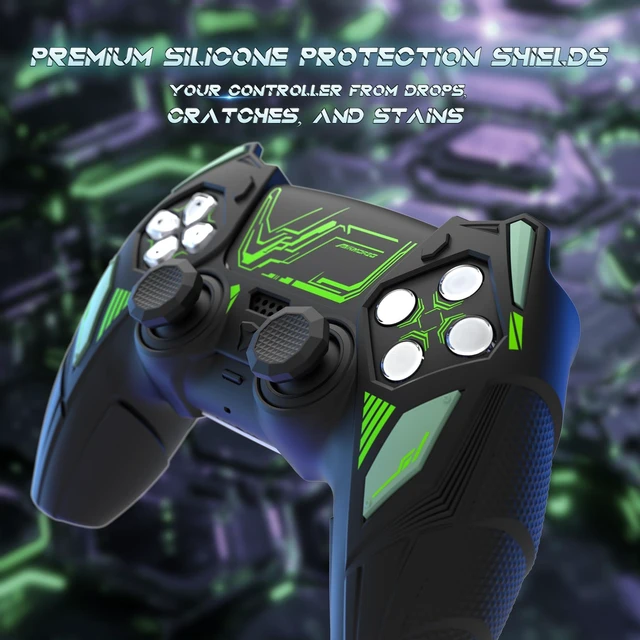Alt view image 6 of 7 - PlayVital Silicone Skin Set for PS5 Controller - Mecha Rhino Design, Anti-Slip Grip Cover Protector Compatible with Charging Dock, with Thumb Grips & Touchpad Sticker - Black & Green