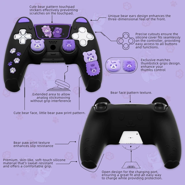 Alt view image 3 of 7 - PlayVital Cute Bear Controller Silicone Case for ps5, Kawaii Controller Cover Compatible with Charging Station, Gamepad Skin Protector for ps5 with Touch Pad Sticker & Thumb Grips - Black & Purple