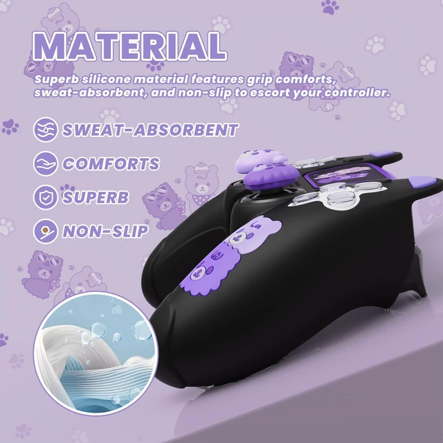 Alt view image 4 of 7 - PlayVital Cute Bear Controller Silicone Case for ps5, Kawaii Controller Cover Compatible with Charging Station, Gamepad Skin Protector for ps5 with Touch Pad Sticker & Thumb Grips - Black & Purple
