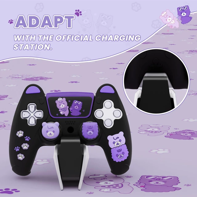 Alt view image 5 of 7 - PlayVital Cute Bear Controller Silicone Case for ps5, Kawaii Controller Cover Compatible with Charging Station, Gamepad Skin Protector for ps5 with Touch Pad Sticker & Thumb Grips - Black & Purple