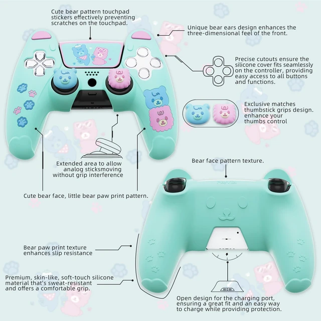 Alt view image 3 of 7 - PlayVital Cute Bear Controller Silicone Case for ps5, Kawaii Controller Cover Compatible with Charging Station, Gamepad Skin Protector for ps5 with Touch Pad Sticker & Thumb Grips - Green & Pink