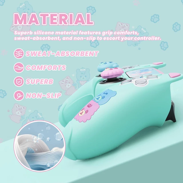 Alt view image 4 of 7 - PlayVital Cute Bear Controller Silicone Case for ps5, Kawaii Controller Cover Compatible with Charging Station, Gamepad Skin Protector for ps5 with Touch Pad Sticker & Thumb Grips - Green & Pink