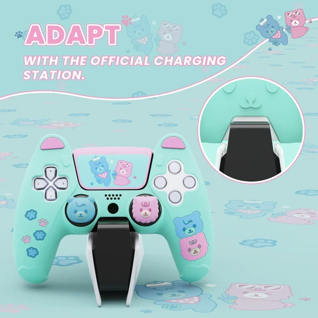 Alt view image 5 of 7 - PlayVital Cute Bear Controller Silicone Case for ps5, Kawaii Controller Cover Compatible with Charging Station, Gamepad Skin Protector for ps5 with Touch Pad Sticker & Thumb Grips - Green & Pink