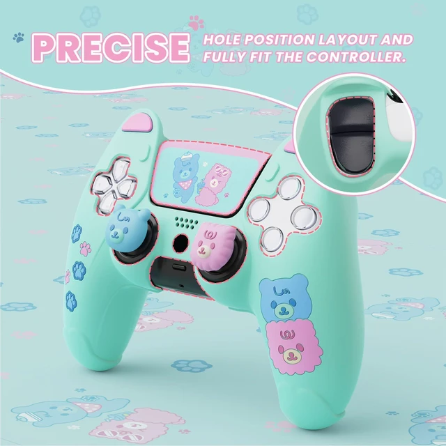 Alt view image 6 of 7 - PlayVital Cute Bear Controller Silicone Case for ps5, Kawaii Controller Cover Compatible with Charging Station, Gamepad Skin Protector for ps5 with Touch Pad Sticker & Thumb Grips - Green & Pink