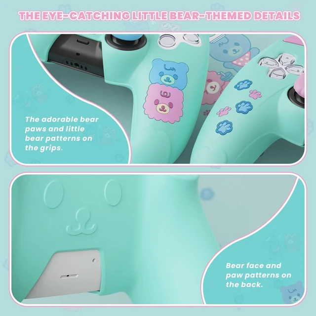 Alt view image 7 of 7 - PlayVital Cute Bear Controller Silicone Case for ps5, Kawaii Controller Cover Compatible with Charging Station, Gamepad Skin Protector for ps5 with Touch Pad Sticker & Thumb Grips - Green & Pink