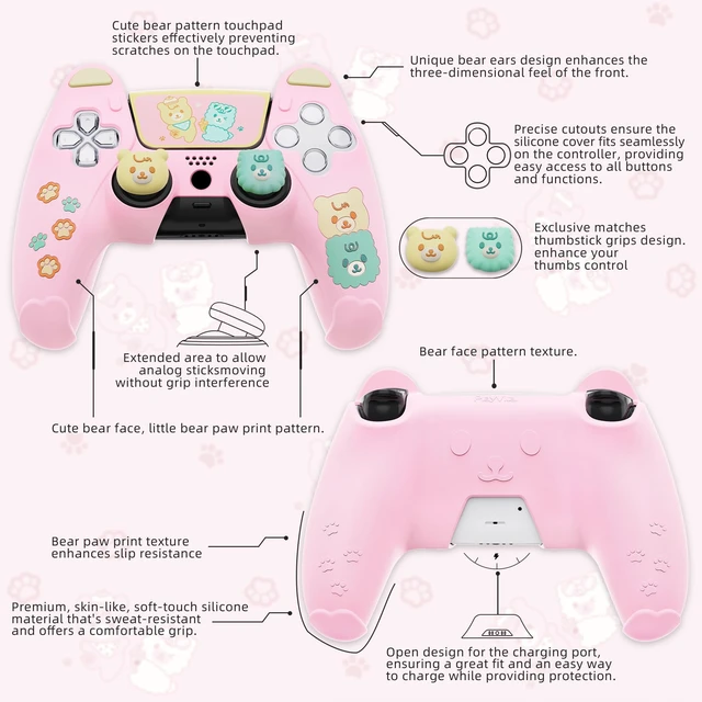 Alt view image 3 of 7 - PlayVital Cute Bear Controller Silicone Case for ps5, Kawaii Controller Cover Compatible with Charging Station, Gamepad Skin Protector for ps5 with Touch Pad Sticker & Thumb Grips - Pink & Yellow