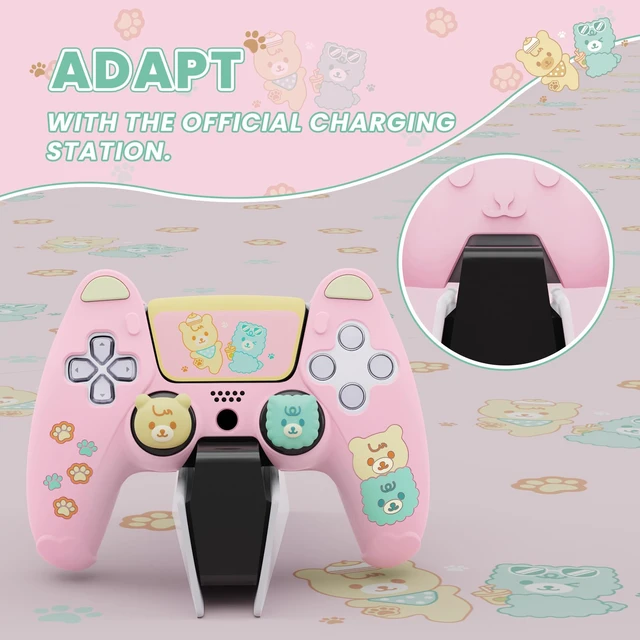 Alt view image 5 of 7 - PlayVital Cute Bear Controller Silicone Case for ps5, Kawaii Controller Cover Compatible with Charging Station, Gamepad Skin Protector for ps5 with Touch Pad Sticker & Thumb Grips - Pink & Yellow