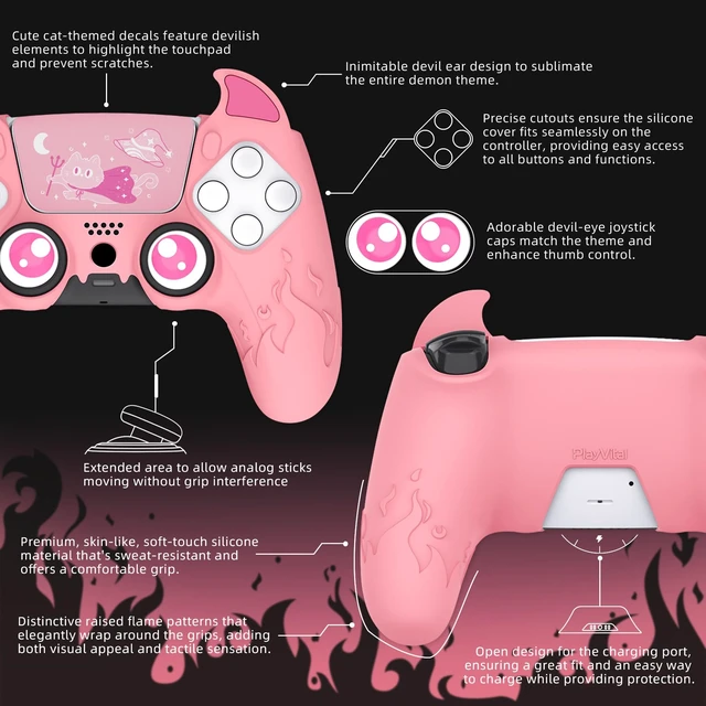 Alt view image 4 of 7 - PlayVital Halloween Cute Demon Controller Silicone Case for ps5, Kawaii Controller Cover Gamepad Skin Protector for ps5 with Touch Pad Sticker & Thumb Grip Caps - Pink