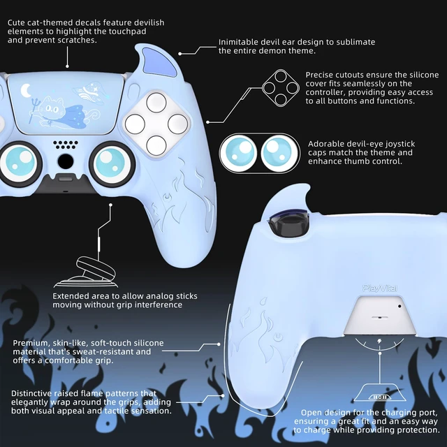 Alt view image 5 of 7 - PlayVital Halloween Cute Demon Controller Silicone Case for ps5, Kawaii Controller Cover Gamepad Skin Protector for ps5 with Touch Pad Sticker & Thumb Grip Caps - Blue