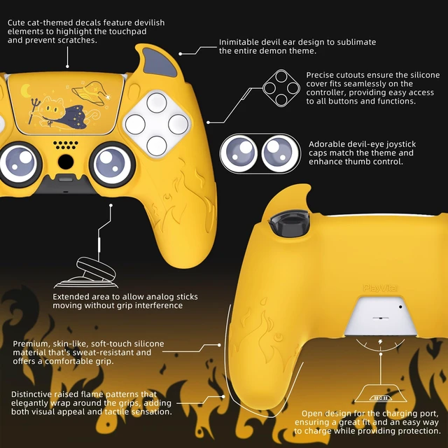 Alt view image 5 of 7 - PlayVital Halloween Cute Demon Controller Silicone Case for ps5, Kawaii Controller Cover Gamepad Skin Protector for ps5 with Touch Pad Sticker & Thumb Grip Caps - Yellow