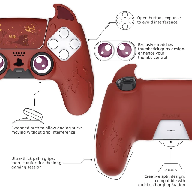 Alt view image 5 of 7 - PlayVital Halloween Cute Demon Controller Silicone Case for ps5, Kawaii Controller Cover Gamepad Skin Protector for ps5 with Touch Pad Sticker & Thumb Grip Caps - Red
