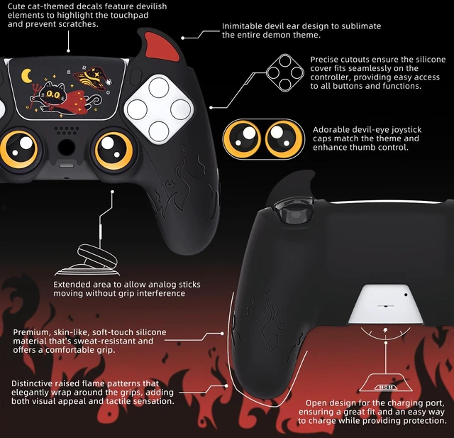 Alt view image 5 of 7 - PlayVital Halloween Cute Demon Controller Silicone Case for ps5, Kawaii Controller Cover Gamepad Skin Protector for ps5 with Touch Pad Sticker & Thumb Grip Caps - Black