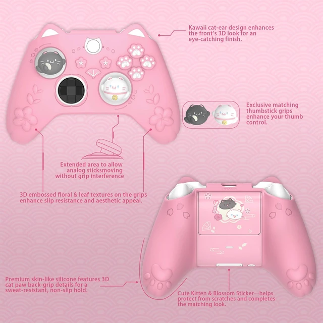 Alt view image 5 of 7 - PlayVital Cute Silicone Controller Skin for Xbox Series X/S - Cherry Blossoms Kitten Anti-slip Grip Protector W/Thumb Grips & Sticker - Soft Rubber Cover for Xbox Core Wireless Controller - Pink