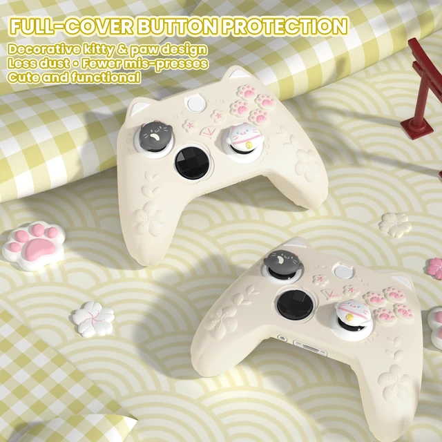 Alt view image 4 of 7 - PlayVital Cute Silicone Controller Skin for Xbox Series X/S-Cherry Blossoms Kitten Anti-Slip Grip Protector W/Thumb Grips & Sticker -Soft Rubber Cover for Xbox Core Wireless Controller-Antique Yellow