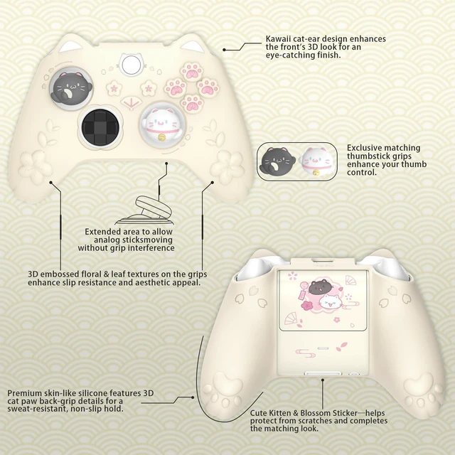Alt view image 5 of 7 - PlayVital Cute Silicone Controller Skin for Xbox Series X/S-Cherry Blossoms Kitten Anti-Slip Grip Protector W/Thumb Grips & Sticker -Soft Rubber Cover for Xbox Core Wireless Controller-Antique Yellow