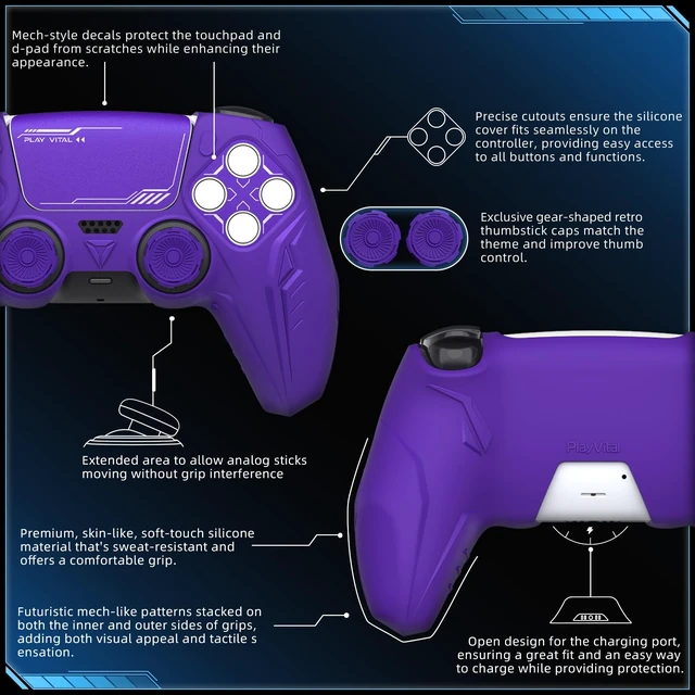 Alt view image 3 of 7 - PlayVital Silicone Skin Set for PS5 Controller - Charging Dock Compatible, Full Protection Case with Futuristic CyberMech Design, Soft Cover with Thumb Grips & Stickers - Purple