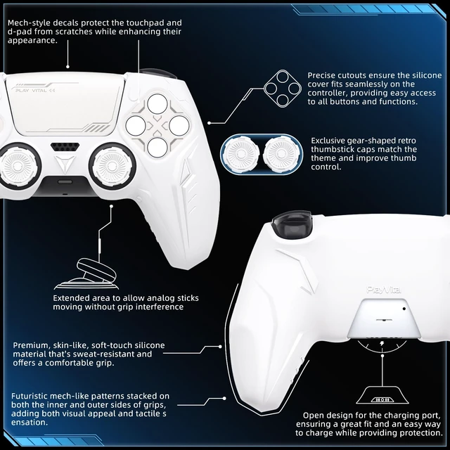 Alt view image 3 of 7 - PlayVital Silicone Skin Set for PS5 Controller - Charging Dock Compatible, Full Protection Case with Futuristic CyberMech Design, Soft Cover with Thumb Grips & Stickers - White