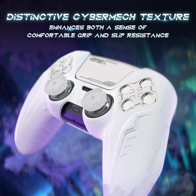 Alt view image 7 of 7 - PlayVital Silicone Skin Set for PS5 Controller - Charging Dock Compatible, Full Protection Case with Futuristic CyberMech Design, Soft Cover with Thumb Grips & Stickers - White