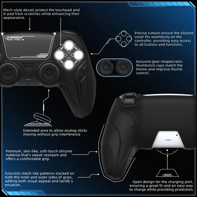 Alt view image 3 of 7 - PlayVital Silicone Skin Set for PS5 Controller - Charging Dock Compatible, Full Protection Case with Futuristic CyberMech Design, Soft Cover with Thumb Grips & Stickers - Black