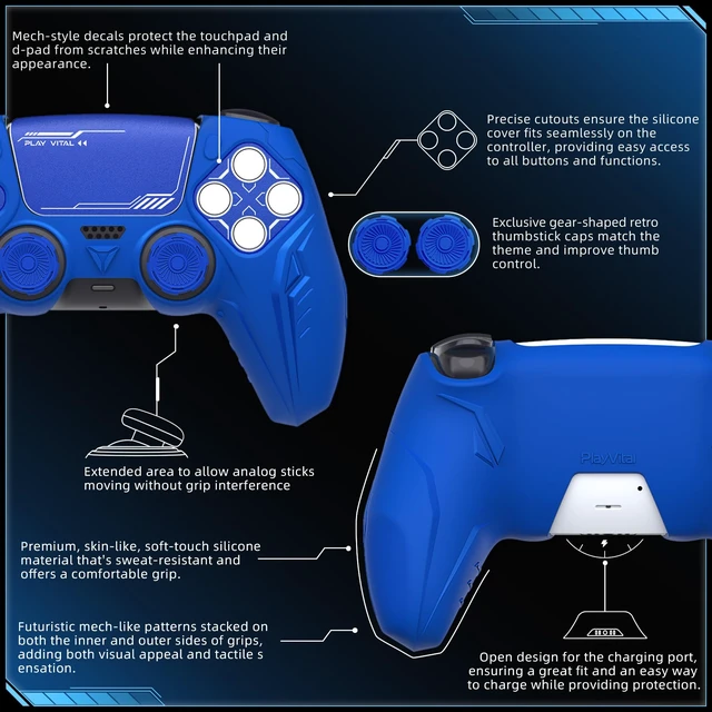 Alt view image 3 of 7 - PlayVital Silicone Skin Set for PS5 Controller - Charging Dock Compatible, Full Protection Case with Futuristic CyberMech Design, Soft Cover with Thumb Grips & Stickers - Blue