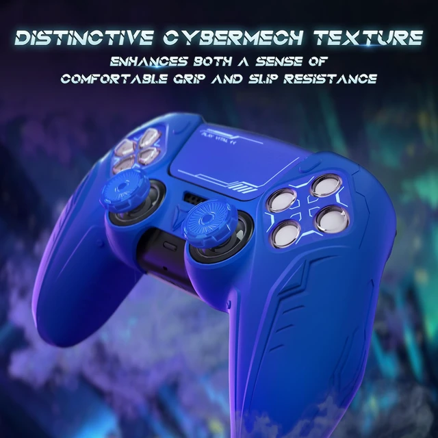 Alt view image 7 of 7 - PlayVital Silicone Skin Set for PS5 Controller - Charging Dock Compatible, Full Protection Case with Futuristic CyberMech Design, Soft Cover with Thumb Grips & Stickers - Blue