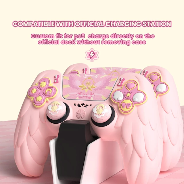 Alt view image 2 of 7 - PlayVital Magic Wings Protective Silicone Cover Skin for ps5 Controller Soft Anti-Slip Grip Protector Case for ps5 Controller with Thumbstick Caps & Stickers, Charging Station Compatible - Pink