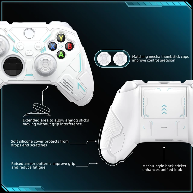 Alt view image 6 of 7 - playvital Stellar Mecha Silicone Cover Skin for Xbox Series X/S Controller, Anti-slip Grip Protector with Thumb Grips & Sticker for Xbox Core Wireless Controller - White & Frost Gray