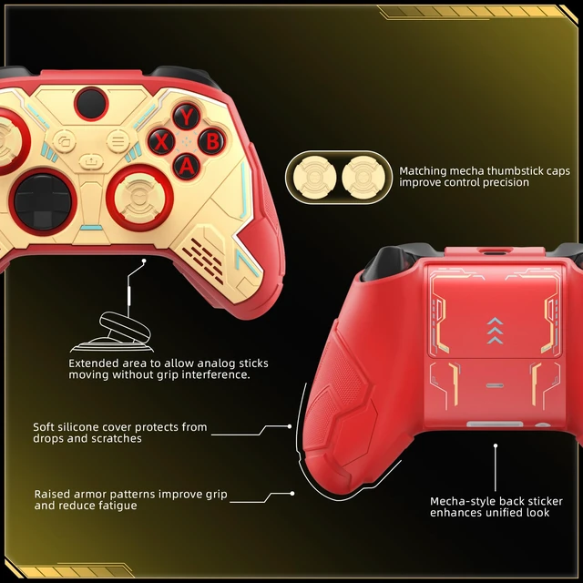 Alt view image 6 of 7 - playvital Stellar Mecha Silicone Cover Skin for Xbox Series X/S Controller, Anti-slip Grip Protector with Thumb Grips & Sticker for Xbox Core Wireless Controller - Crimson Red & Iron Yellow