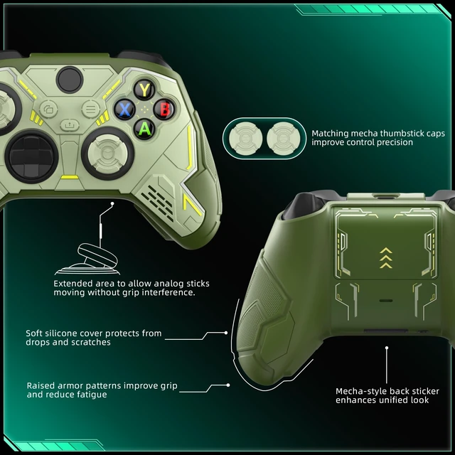 Alt view image 6 of 7 - playvital Stellar Mecha Silicone Cover Skin for Xbox Series X/S Controller, Anti-slip Grip Protector with Thumb Grips & Sticker for Xbox Core Wireless Controller - Army Green & Sage Green