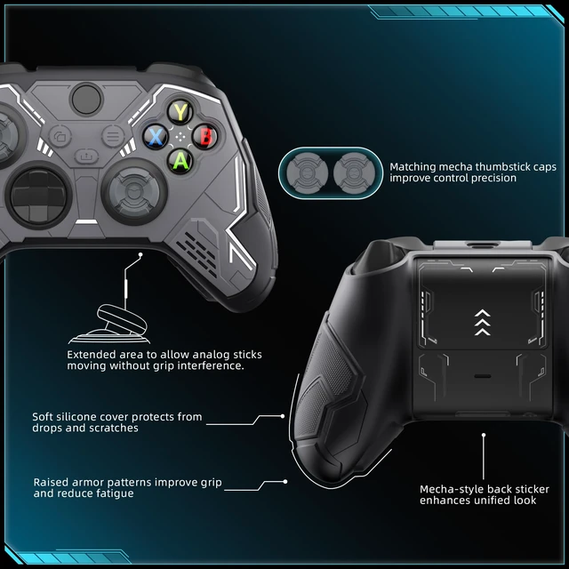 Alt view image 6 of 7 - playvital Stellar Mecha Silicone Cover Skin for Xbox Series X/S Controller, Anti-slip Grip Protector with Thumb Grips & Sticker for Xbox Core Wireless Controller - Black & Gunmetal Gray