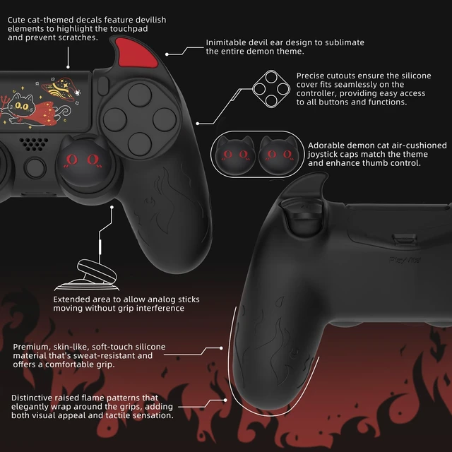Alt view image 3 of 7 - PlayVital Cute Demon Controller Skin for ps4 with Thumb Grips & Stickers, Kawaii Anti-Slip Silicone Controller Cover Grip Protector for ps4 Slim/Pro Controller - Black