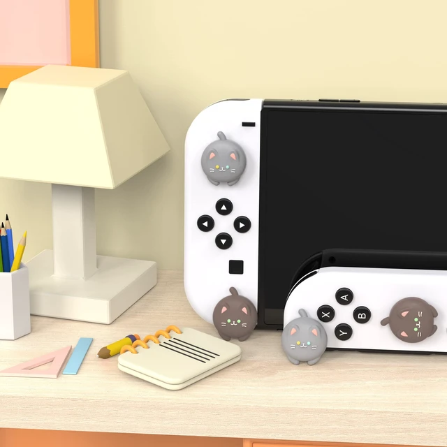Alt view image 4 of 7 - PlayVital Joystick Caps for Nintendo Switch, Thumbstick Grips for Switch Lite, Analog Cover for OLED Joycon Thumb Grip Caps - Cutie Kitty Fleeting Gray & Dark Brown