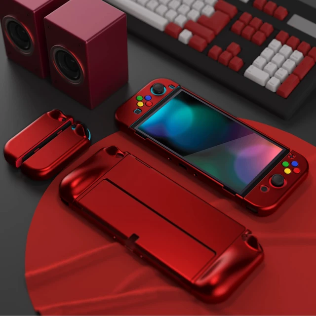 Alt view image 4 of 7 - AlterGrips Protective Slim Case for Nintendo Switch OLED, Ergonomic Grip Cover for Joycon, Dockable Hard Shell for Switch OLED w/Thumb Grip Caps & Button Caps - Scarlet Red
