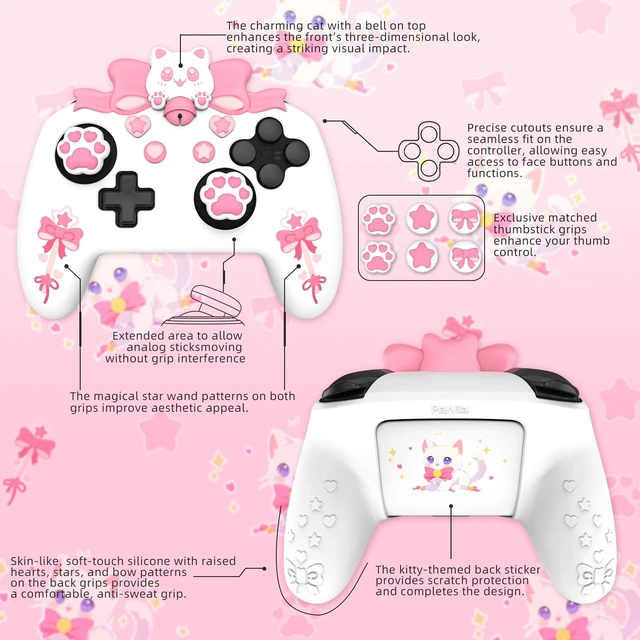 Alt view image 3 of 7 - PlayVital Sweetheart Kitty Silicone Skin Compatible with Nintendo Switch Pro Controller Kawaii Anti-Slip Cover, Switch Pro Controller Joystick Grips & Protective Silicone Case - White