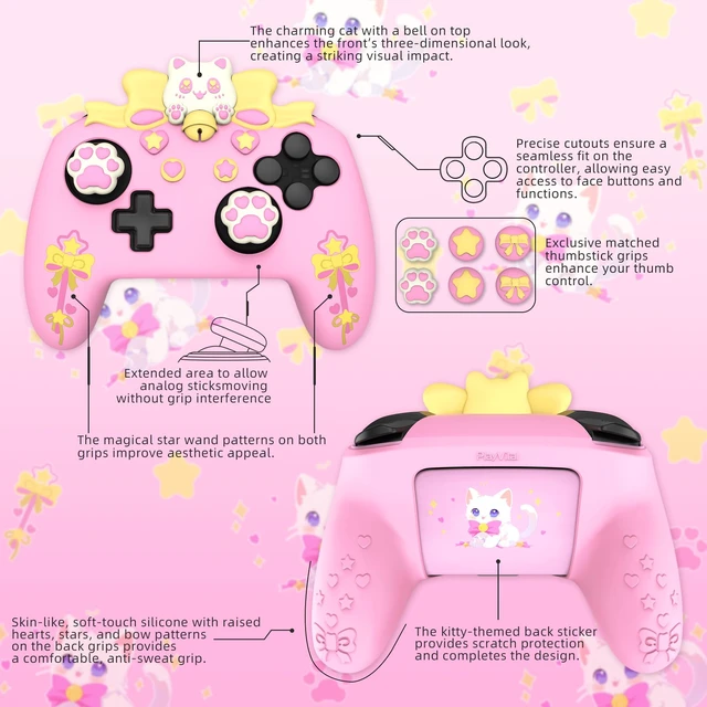 Alt view image 3 of 7 - PlayVital Sweetheart Kitty Silicone Skin Compatible with Nintendo Switch Pro Controller Kawaii Anti-Slip Cover, Switch Pro Controller Joystick Grips & Protective Silicone Case - Pink